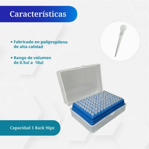 Rack puntas ultramicro 0.5–10 µL, polipropileno, 96 piezas — características