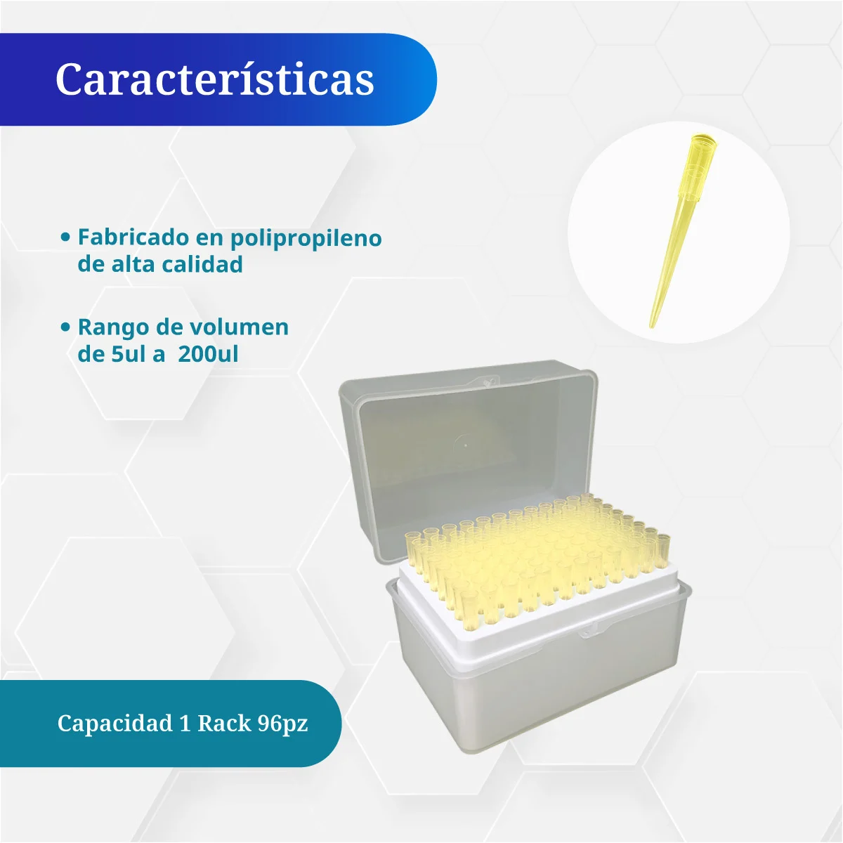 Rack puntas amarillas 5–200 µL, polipropileno, 96 piezas — características