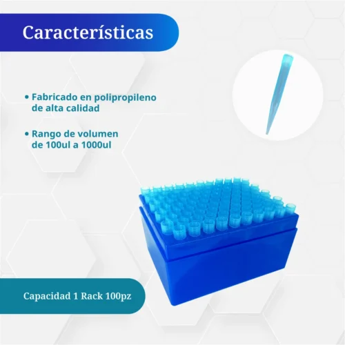 Rack de puntas azules tipo Eppendorf 100–1000 µL, polipropileno, 100 piezas