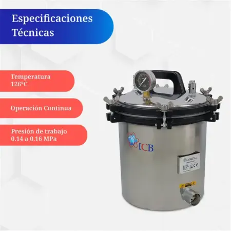 Tabla de especificaciones técnicas de autoclave de 18 litros para laboratorio