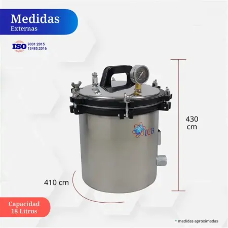 Dimensiones y medidas físicas de autoclave de laboratorio 18 litros