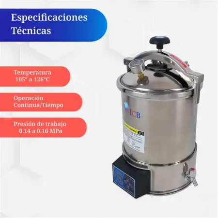 Autoclave digital de laboratorio 18 litros ICB con especificaciones técnicas de temperatura y presión