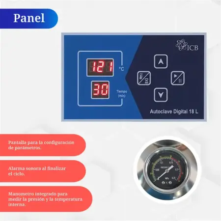 Panel digital de autoclave 18 litros ICB con pantalla LED, alarma sonora y manómetro integrado
