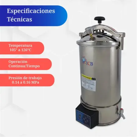 Especificaciones técnicas del Autoclave de Laboratorio ICB de 24 litros con control digital para esterilización en laboratorios y clínicas.