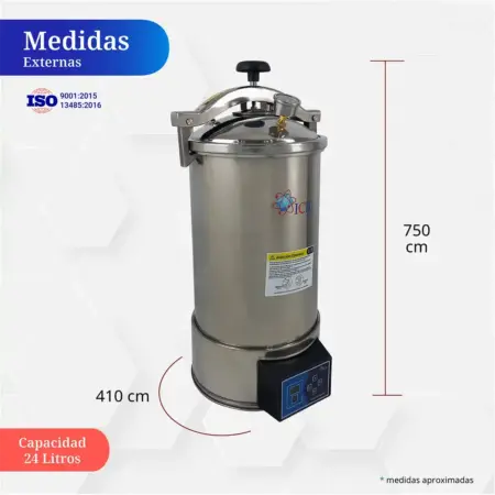 Dimensiones externas y capacidad de 24 litros del Autoclave Digital ICB para laboratorios clínicos y universitarios.