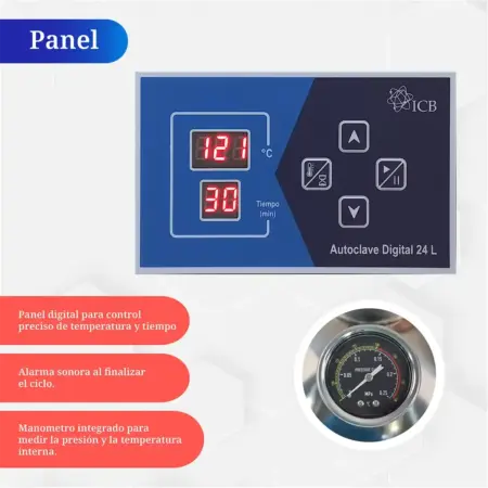 Panel de control digital del Autoclave de Laboratorio ICB de 24 litros con programación de temperatura y tiempo de esterilización.