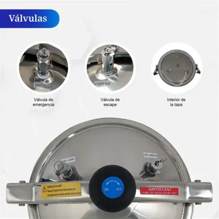 Válvulas de seguridad y liberación de presión del Autoclave Digital ICB de 24 litros para esterilización segura en laboratorio.