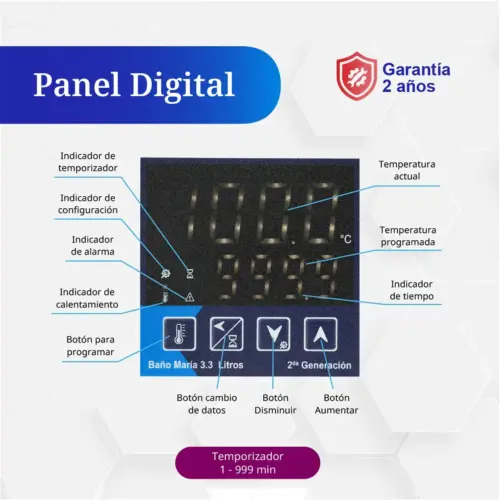 panel de control del Baño Maria 3.3 Litros