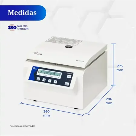 Centrífuga Fuge XII para hematocrito marca ICB mostrando sus dimensiones principales (alto, ancho, profundidad)