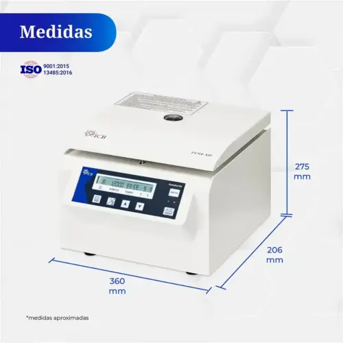 Centrífuga Fuge XII para hematocrito marca ICB mostrando sus dimensiones principales (alto, ancho, profundidad)