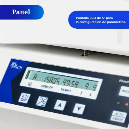 Detalle del panel de control de la centrífuga Fuge XII marca ICB, resaltando la pantalla LCD de configuración
