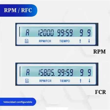 Primer plano de la pantalla LCD de la centrífuga Fuge XII marca ICB mostrando la configuración de velocidad en RPM y FCR (Fuerza Centrífuga Relativa)