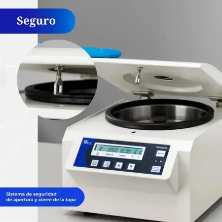 Detalle del sistema de seguridad de apertura y cierre de la tapa de la centrífuga Fuge XII marca ICB, mostrando el mecanismo de bloqueo