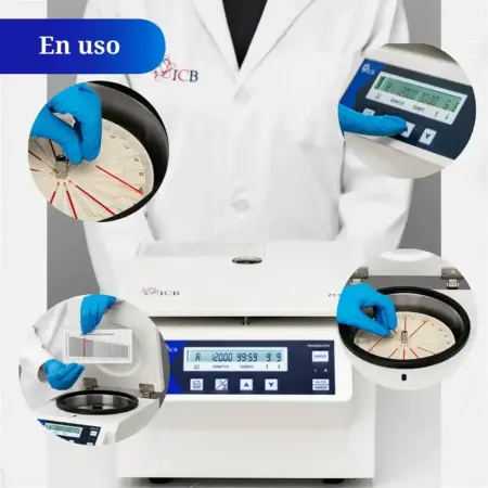 Montaje de varias imágenes mostrando la centrífuga Fuge XII para hematocrito marca ICB en uso, incluyendo la colocación de tubos, la configuración del panel y la lectura de resultados