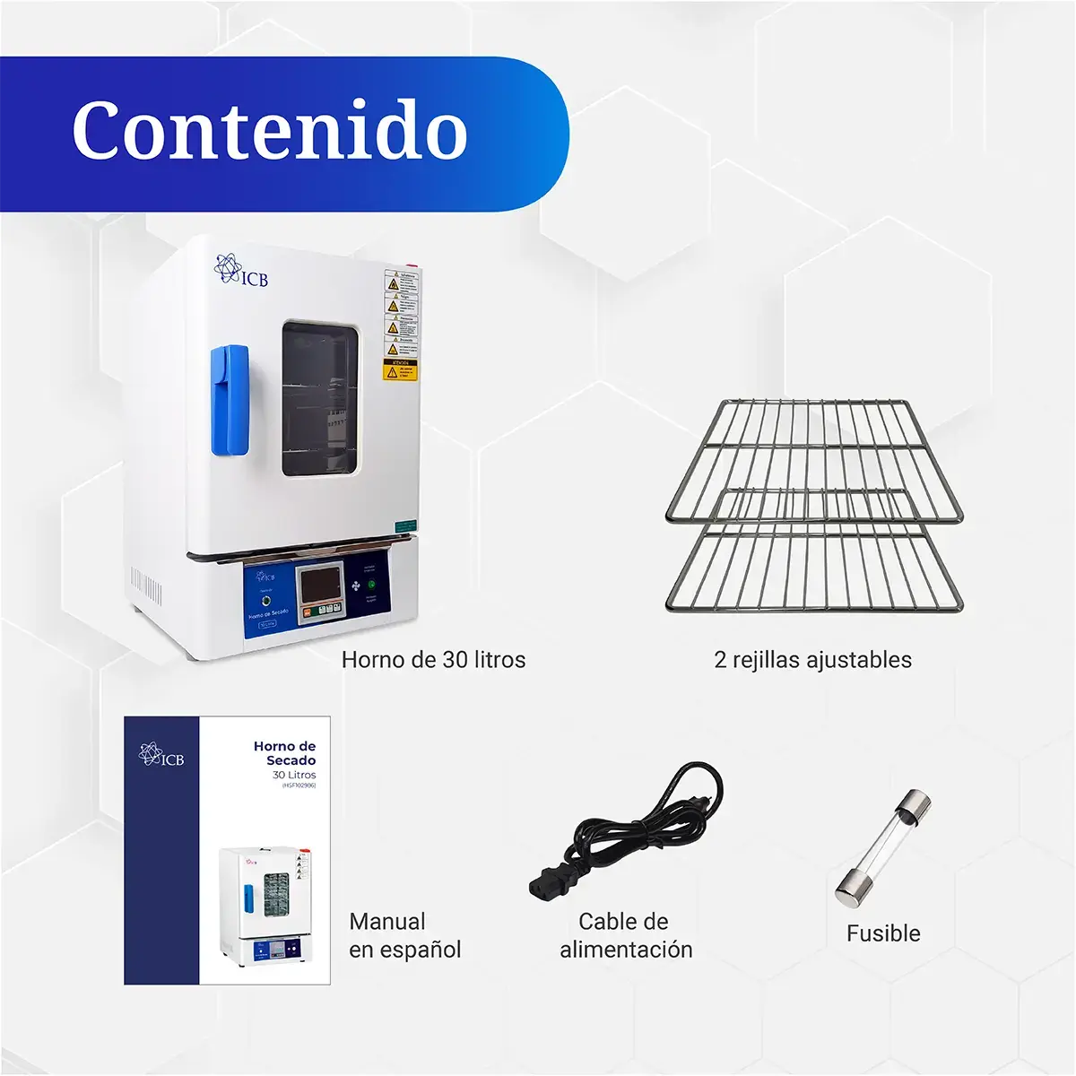Contenido del horno de secado 30 litros para laboratorio ICB: hornilla, rejillas, cable, manual y fusible