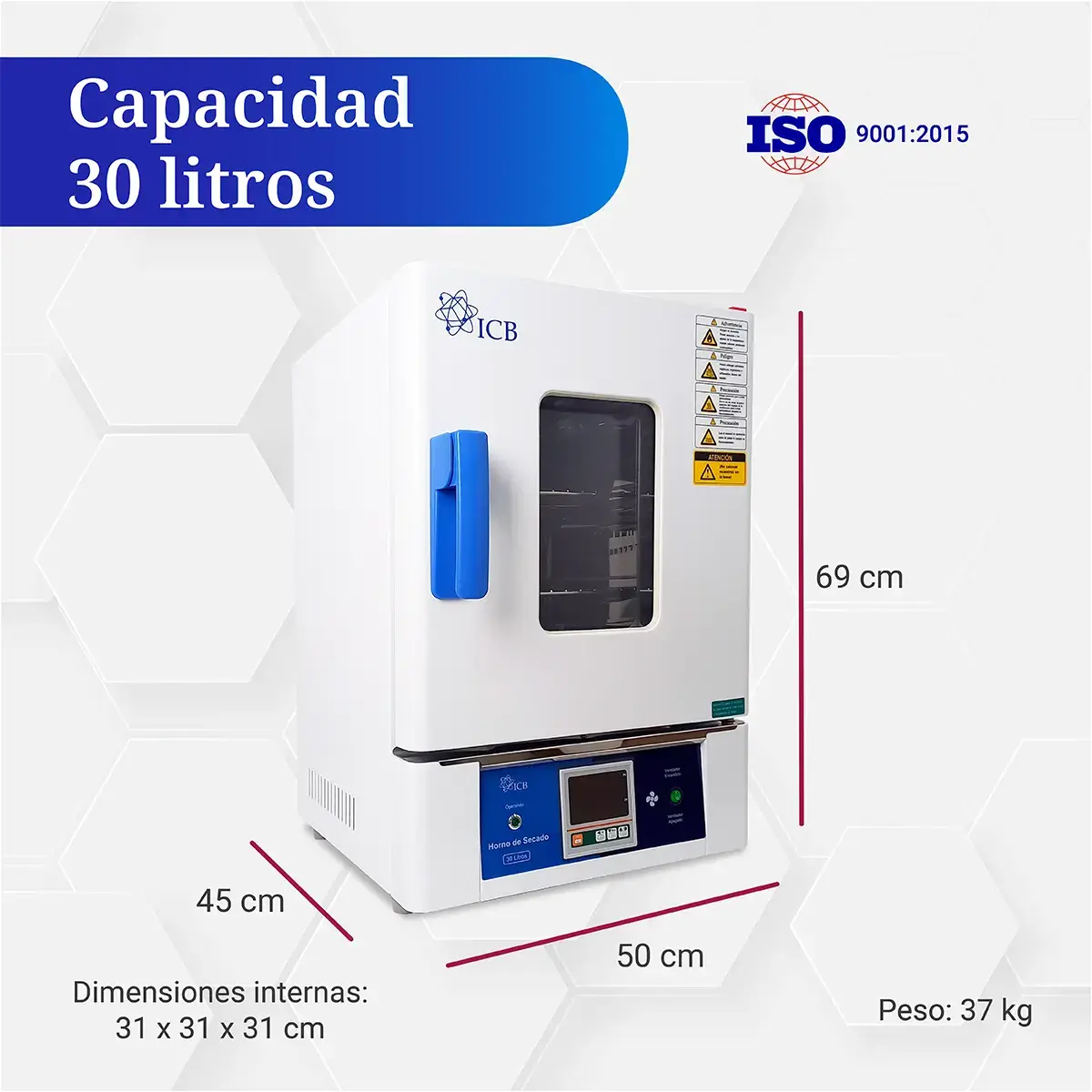 Dimensiones del horno de secado 30 litros ICB para laboratorio