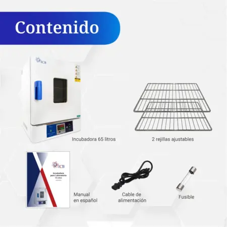 Contenido del horno de secado ICB 65 litros con rejillas, manual y accesorios.