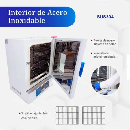 Interior de acero inoxidable SUS304 del horno de secado ICB 65 litros.