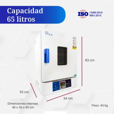 Horno de secado ICB 65 litros con medidas externas e internas y peso de 44 kg.