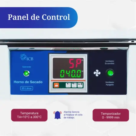 Panel de control digital de horno de secado ICB 65 litros con temporizador y alarma.
