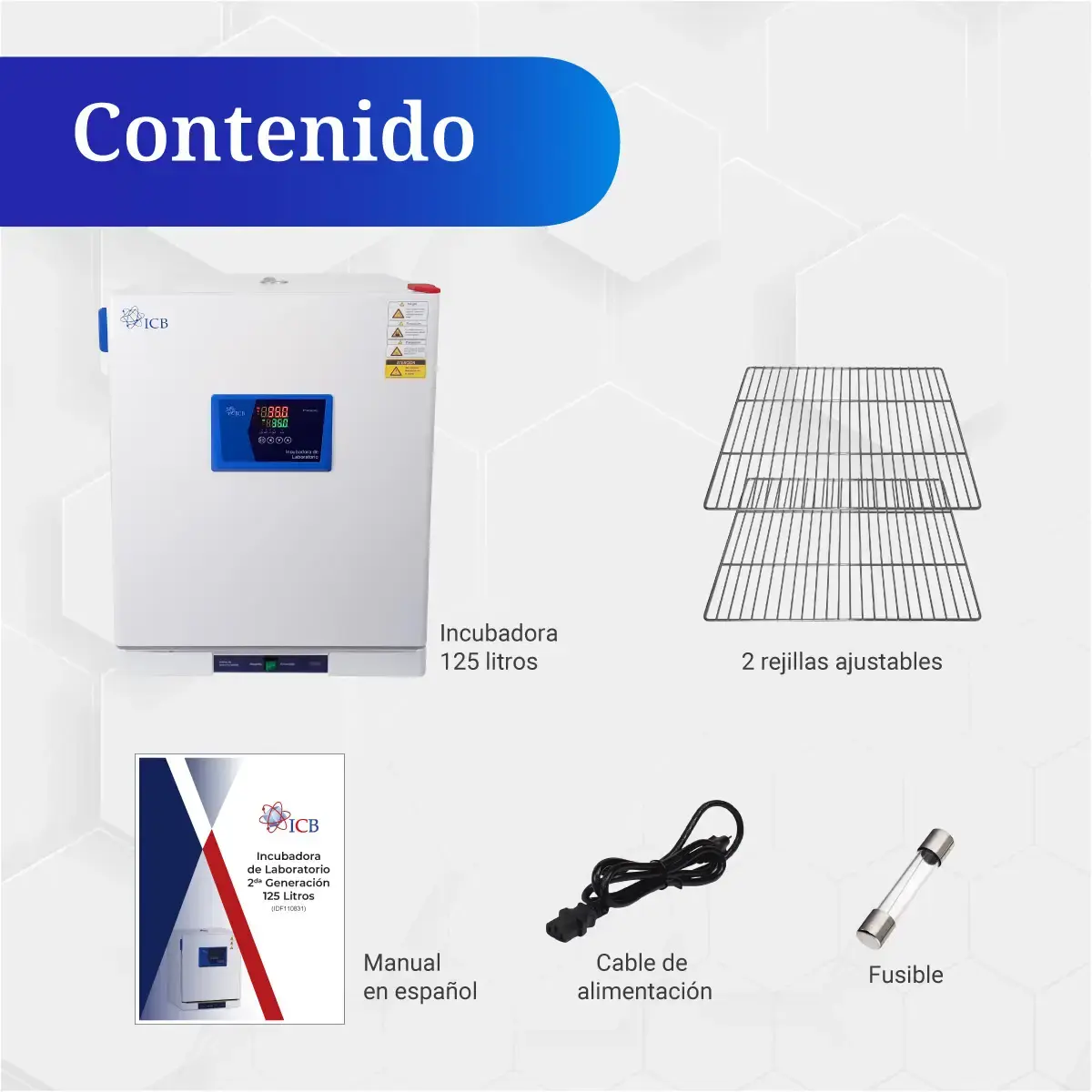 Contenido de la incubadora de laboratorio 125 litros ICB: equipo, rejillas, cable, manual y fusible