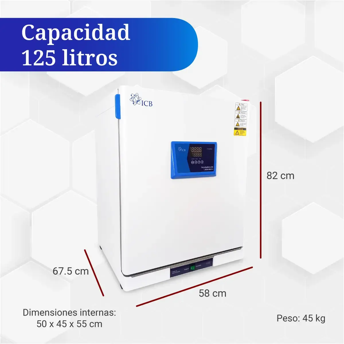 Dimensiones externas e internas de la incubadora de laboratorio 125 litros ICB