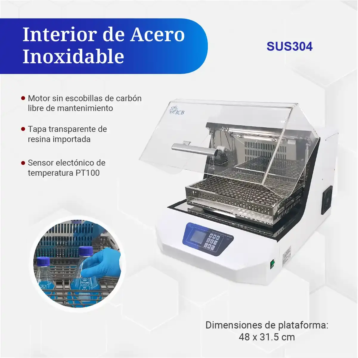 Interior de la incubadora refrigerada con agitación marca ICB