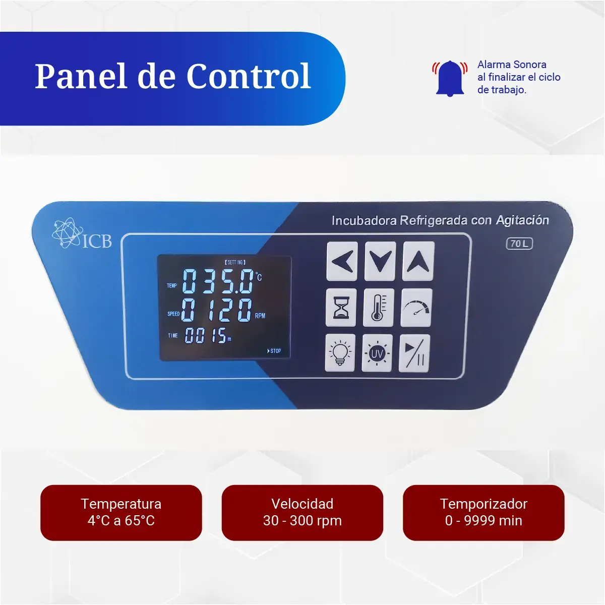 Panel de control de la incubadora refrigerada con agitación marca ICB