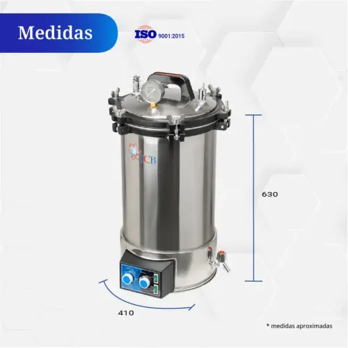 Autoclave ICB 24 litros con medidas aproximadas de 410 × 630 mm.