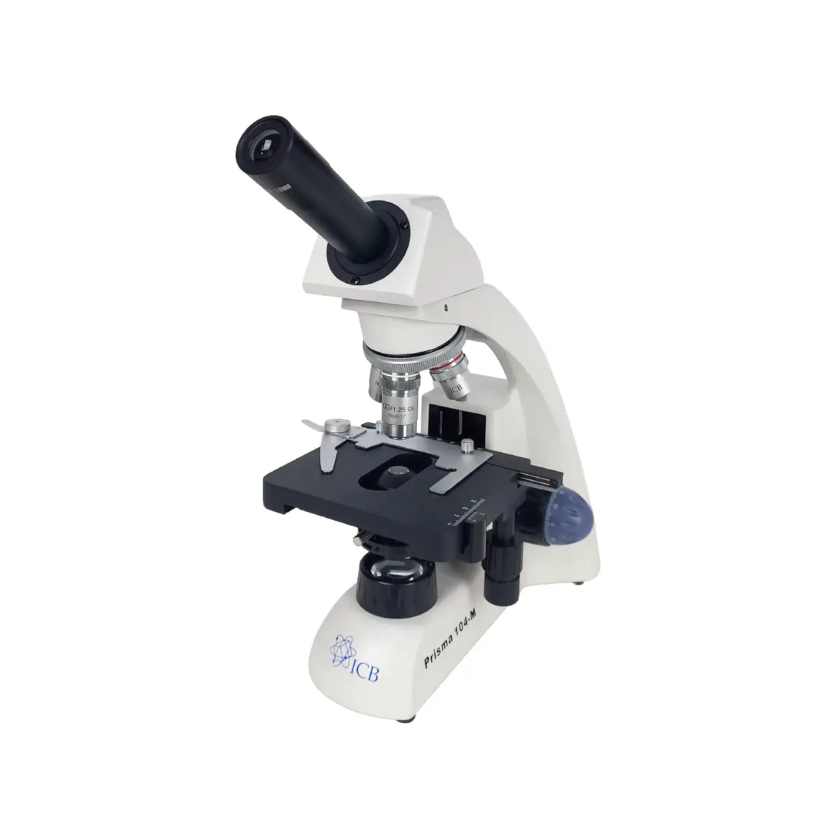 Microscopio monocular Prisma 104-M con iluminación LED y objetivos acromáticos, ideal para escuelas y clínicas pequeñas.