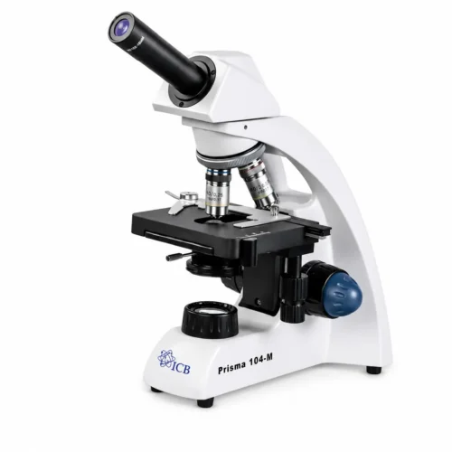 Microscopio monocular Prisma 104-M con iluminación LED y objetivos acromáticos, ideal para escuelas y clínicas pequeñas.