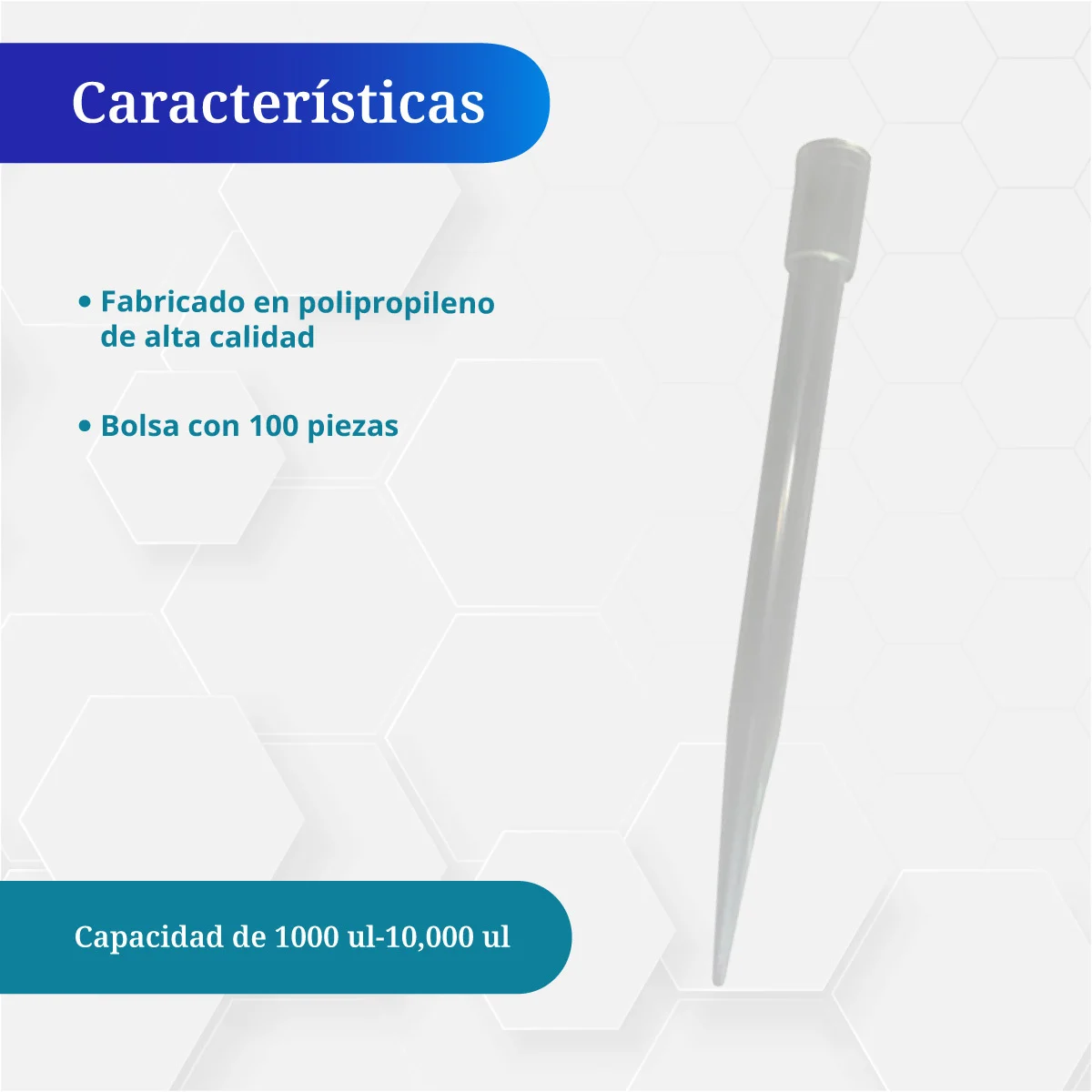 Puntas para pipeta 1–10 mL de polipropileno, bolsa 100 pzas — características