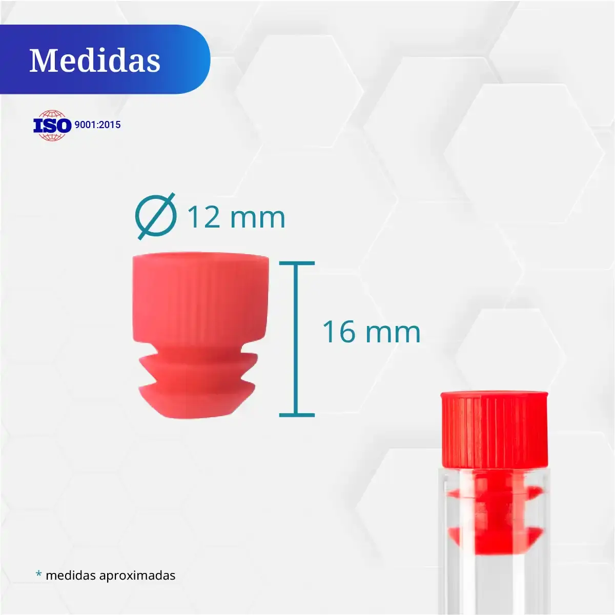 Tapón rojo ICB para tubo de ensayo 12×75 mm con diámetro de 12 mm y altura de 16 mm.