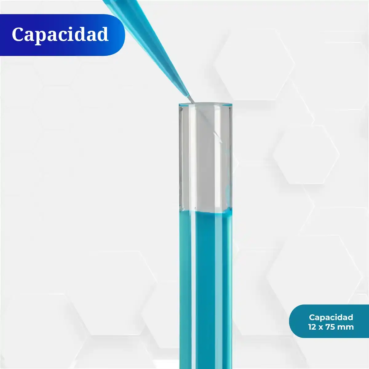 Tubo de ensayo ICB 12x75 mm con líquido azul demostrando su capacidad.