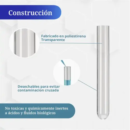 Tubo de ensayo ICB fabricado en poliestireno transparente, material no tóxico.