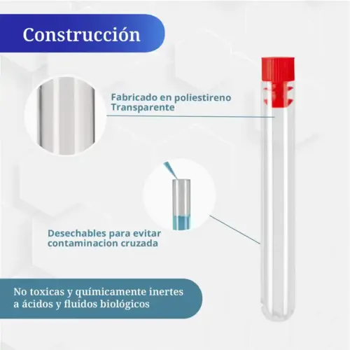 Tubo de ensayo ICB 13x100 mm con tapa roja fabricado en poliestireno transparente